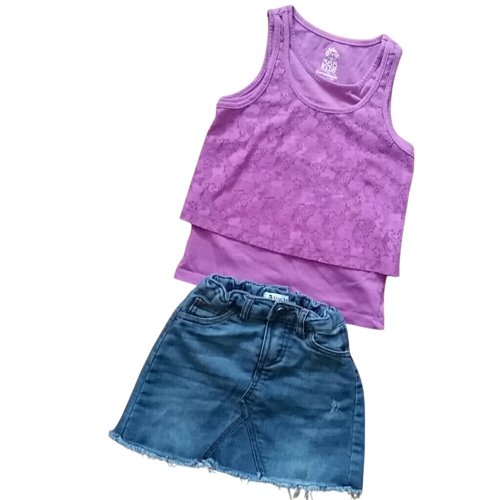 Tractr Girls Denim‎ Skirt and Garanimals Purple Lace Top Outfit Size 7
